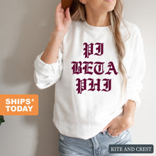 Load image into Gallery viewer, Pi Beta Phi Sweatshirt | Pi Phi Old Type Written Crewneck Sweatshirt | Pi Beta Phi Sorority Gift Idea - Kite and Crest
