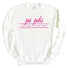 Load image into Gallery viewer, Pi Beta Phi Sweatshirt | Pi Phi Pink Established Crewneck Sweatshirt | Pi Beta Phi Sorority Gift Idea - Kite and Crest