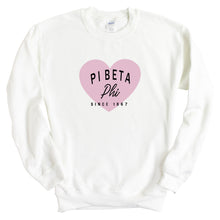 Load image into Gallery viewer, Pi Beta Phi Sweatshirt | Pi Phi Pink Heart Crewneck Sweatshirt | Pi Beta Phi Sorority Gift Idea - Kite and Crest