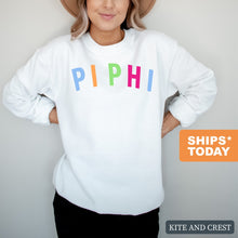Load image into Gallery viewer, Pi Beta Phi Sweatshirt | Pi Phi Rainbow Letter Crewneck Sweatshirt | Pi Beta Phi Sorority Gift Idea - Kite and Crest