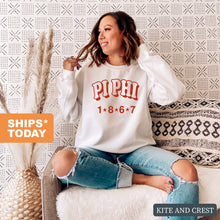 Load image into Gallery viewer, Pi Beta Phi Sweatshirt - Pi Phi Red Arch Crewneck Sweatshirt - Kite and Crest