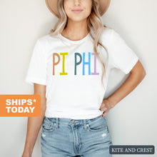Load image into Gallery viewer, Pi Beta Phi T-shirt - Pi Phi Colorful Lined Tee - Kite and Crest