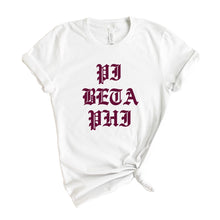 Load image into Gallery viewer, Pi Beta Phi T-Shirt | Pi Phi Old Type Written Shirt | Pi Beta Phi Sorority Gift Idea - Kite and Crest
