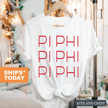 Load image into Gallery viewer, Pi Beta Phi T-Shirt | Pi Phi Red and Stacked Shirt | Pi Beta Phi Sorority Gift Idea - Kite and Crest