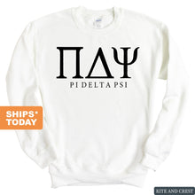 Load image into Gallery viewer, Pi Delta Psi Block Letter Sweatshirt - Fraternity Crewneck Sweatshirt - Kite and Crest
