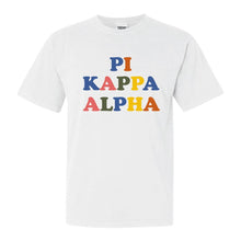 Load image into Gallery viewer, Pi Kappa Alpha Comfort Colors T-Shirt - PIKE Retro Letters Shirt - Kite and Crest