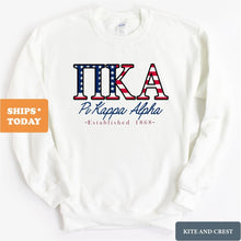 Load image into Gallery viewer, Pi Kappa Alpha Sweatshirt - PIKE American Flag Letters Crewneck Sweatshirt - Kite and Crest