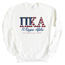 Load image into Gallery viewer, Pi Kappa Alpha Sweatshirt - PIKE American Flag Letters Crewneck Sweatshirt - Kite and Crest