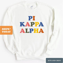 Load image into Gallery viewer, Pi Kappa Alpha Sweatshirt - PIKE Retro Letters Crewneck Sweatshirt - Kite and Crest
