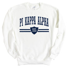 Load image into Gallery viewer, Pi Kappa Alpha Sweatshirt - PIKE Striped Shield Crewneck Sweatshirt - Kite and Crest