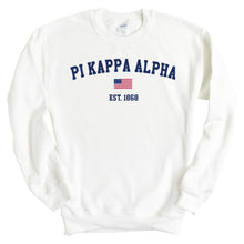 Load image into Gallery viewer, Pi Kappa Alpha Sweatshirt - PIKE USA Flag Crewneck Sweatshirt - Kite and Crest