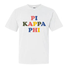 Load image into Gallery viewer, Pi Kappa Phi Comfort Colors T-Shirt - Pi Kapp Retro Letters Shirt - Kite and Crest