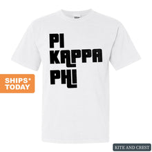 Load image into Gallery viewer, Pi Kappa Phi Comfort Colors T-Shirt - Pi Kapp Stacked Letters Shirt - Kite and Crest