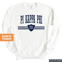 Load image into Gallery viewer, Pi Kappa Phi Sweatshirt - Pi Kapp Striped Shield Crewneck Sweatshirt - Kite and Crest