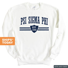 Load image into Gallery viewer, Psi Sigma Phi Striped Shield Sweatshirt - Fraternity Crewneck Sweatshirt - Kite and Crest