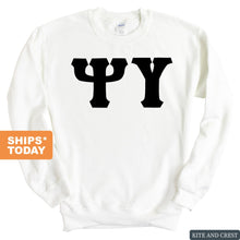 Load image into Gallery viewer, Psi Upsilon Basic Black Letters Sweatshirt - Fraternity Crewneck Sweatshirt - Kite and Crest