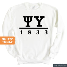 Load image into Gallery viewer, Psi Upsilon Black Letter Sweatshirt - Fraternity Crewneck Sweatshirt - Kite and Crest
