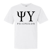 Load image into Gallery viewer, Psi Upsilon Block Letter Comfort Colors T-Shirt - Fraternity Tee - Kite and Crest