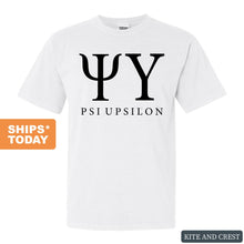 Load image into Gallery viewer, Psi Upsilon Block Letter Comfort Colors T-Shirt - Fraternity Tee - Kite and Crest