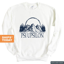 Load image into Gallery viewer, Psi Upsilon Epic Mountains Sweatshirt - Fraternity Crewneck Sweatshirt - Kite and Crest