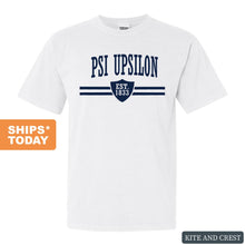 Load image into Gallery viewer, Psi Upsilon Striped Shield Comfort Colors T-Shirt - Fraternity Tee - Kite and Crest
