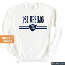 Load image into Gallery viewer, Psi Upsilon Striped Shield Sweatshirt - Fraternity Crewneck Sweatshirt - Kite and Crest