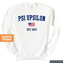 Load image into Gallery viewer, Psi Upsilon USA Flag Sweatshirt - Fraternity Crewneck Sweatshirt - Kite and Crest