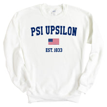 Load image into Gallery viewer, Psi Upsilon USA Flag Sweatshirt - Fraternity Crewneck Sweatshirt - Kite and Crest