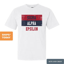 Load image into Gallery viewer, Sigma Alpha Epsilon Comfort Colors T-Shirt - SAE Colorful Stripe Shirt - Kite and Crest