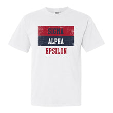 Load image into Gallery viewer, Sigma Alpha Epsilon Comfort Colors T-Shirt - SAE Colorful Stripe Shirt - Kite and Crest