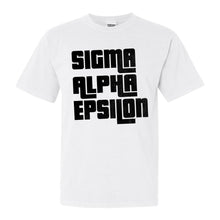Load image into Gallery viewer, Sigma Alpha Epsilon Comfort Colors T-Shirt - SAE Stacked Letters Shirt - Kite and Crest