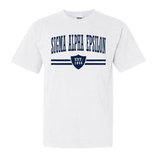 Load image into Gallery viewer, Sigma Alpha Epsilon Comfort Colors T-Shirt - SAE Striped Shield Shirt - Kite and Crest
