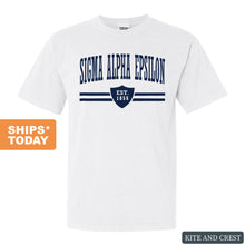 Load image into Gallery viewer, Sigma Alpha Epsilon Comfort Colors T-Shirt - SAE Striped Shield Shirt - Kite and Crest