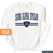 Load image into Gallery viewer, Sigma Alpha Epsilon Sweatshirt - SAE Striped Shield Crewneck Sweatshirt - Kite and Crest