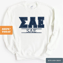 Load image into Gallery viewer, Sigma Alpha Epsilon Sweatshirt - SAE Washed Letters Crewneck Sweatshirt - Kite and Crest