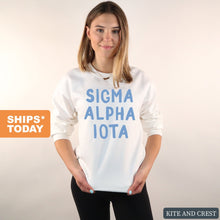 Load image into Gallery viewer, Sigma Alpha Iota Blue Bubble Letters Crewneck Sweatshirt - Kite and Crest