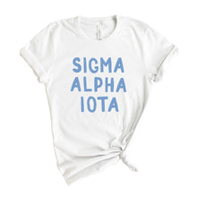 Load image into Gallery viewer, Sigma Alpha Iota Blue Bubble Letters T-shirt - Kite and Crest