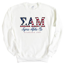 Load image into Gallery viewer, Sigma Alpha Mu Sweatshirt - Sammy American Flag Letters Crewneck Sweatshirt - Kite and Crest