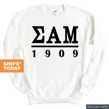 Load image into Gallery viewer, Sigma Alpha Mu Sweatshirt - Sammy Black Letters Crewneck Sweatshirt - Kite and Crest