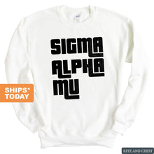 Load image into Gallery viewer, Sigma Alpha Mu Sweatshirt - Sammy Stacked Letters Crewneck Sweatshirt - Kite and Crest
