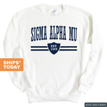 Load image into Gallery viewer, Sigma Alpha Mu Sweatshirt - Sammy Striped Shield Crewneck Sweatshirt - Kite and Crest