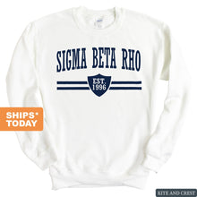 Load image into Gallery viewer, Sigma Beta Rho Striped Shield Sweatshirt - Fraternity Crewneck Sweatshirt - Kite and Crest