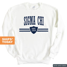 Load image into Gallery viewer, Sigma Chi Sweatshirt - Sigma Chi Striped Shield Crewneck Sweatshirt - Kite and Crest