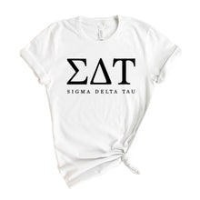 Load image into Gallery viewer, Sigma Delta Tau Block Letter Sorority T-Shirt Shirt Tee - Kite and Crest
