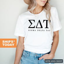 Load image into Gallery viewer, Sigma Delta Tau Block Letter Sorority T-Shirt Shirt Tee - Kite and Crest