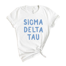 Load image into Gallery viewer, Sigma Delta Tau Blue Bubble Letter Sorority T-Shirt Tee - Kite and Crest