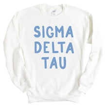 Load image into Gallery viewer, Sigma Delta Tau (Sig Delt) Blue Bubble Letter Sorority Crewneck Sweatshirt - Kite and Crest