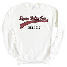 Load image into Gallery viewer, Sigma Delta Tau Sweatshirt | Sig Delt Baseball Crewneck Sweatshirt | Sigma Delta Tau Sorority Gift Idea - Kite and Crest