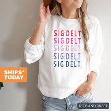 Load image into Gallery viewer, Sigma Delta Tau Sweatshirt - Sig Delt Bright and Stacked Crewneck Sweatshirt - Kite and Crest