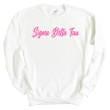 Load image into Gallery viewer, Sigma Delta Tau Sweatshirt | Sig Delt Neon Pink Colored Crewneck Sweatshirt | Sigma Delta Tau Sorority Gift Idea - Kite and Crest
